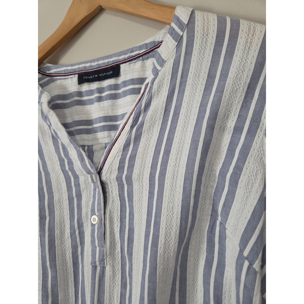 Tommy Hilfiger Blue White Striped Eyelet Lace Henley Long Sleeve Blouse Top - Picture 8 of 13